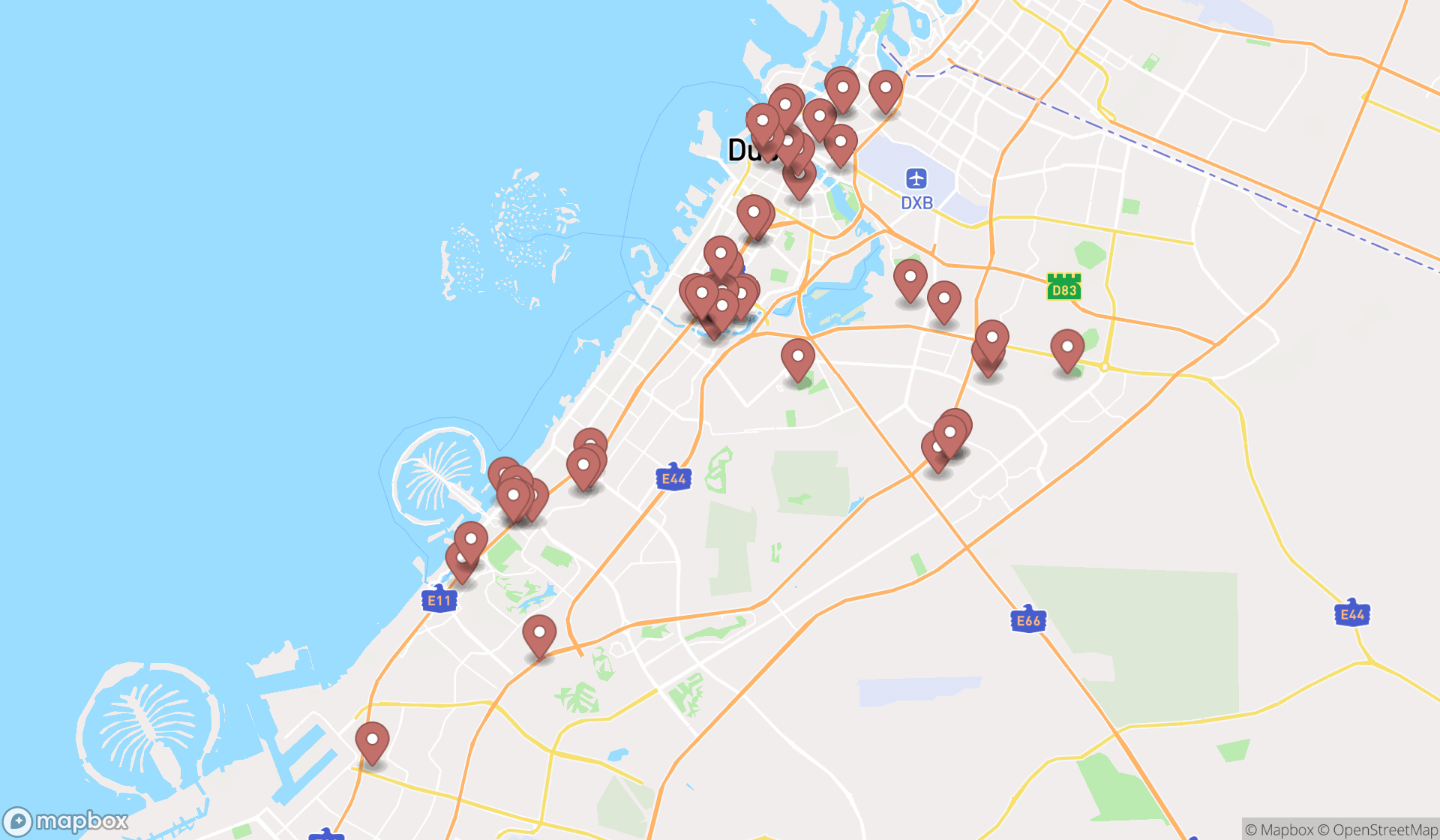 Map showing the search results in Dubai