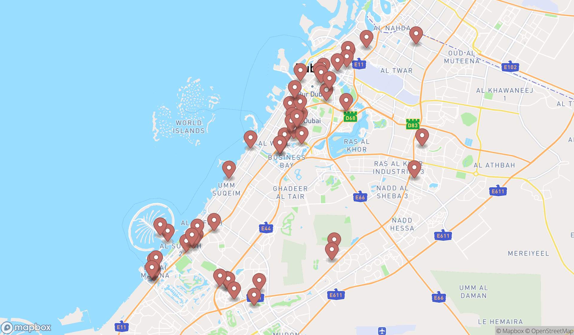 Map showing the search results in Dubai