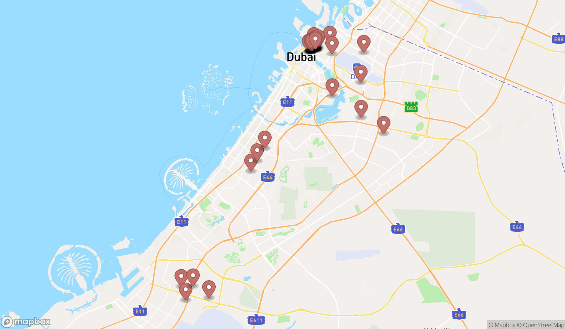 Map showing the search results in Dubai