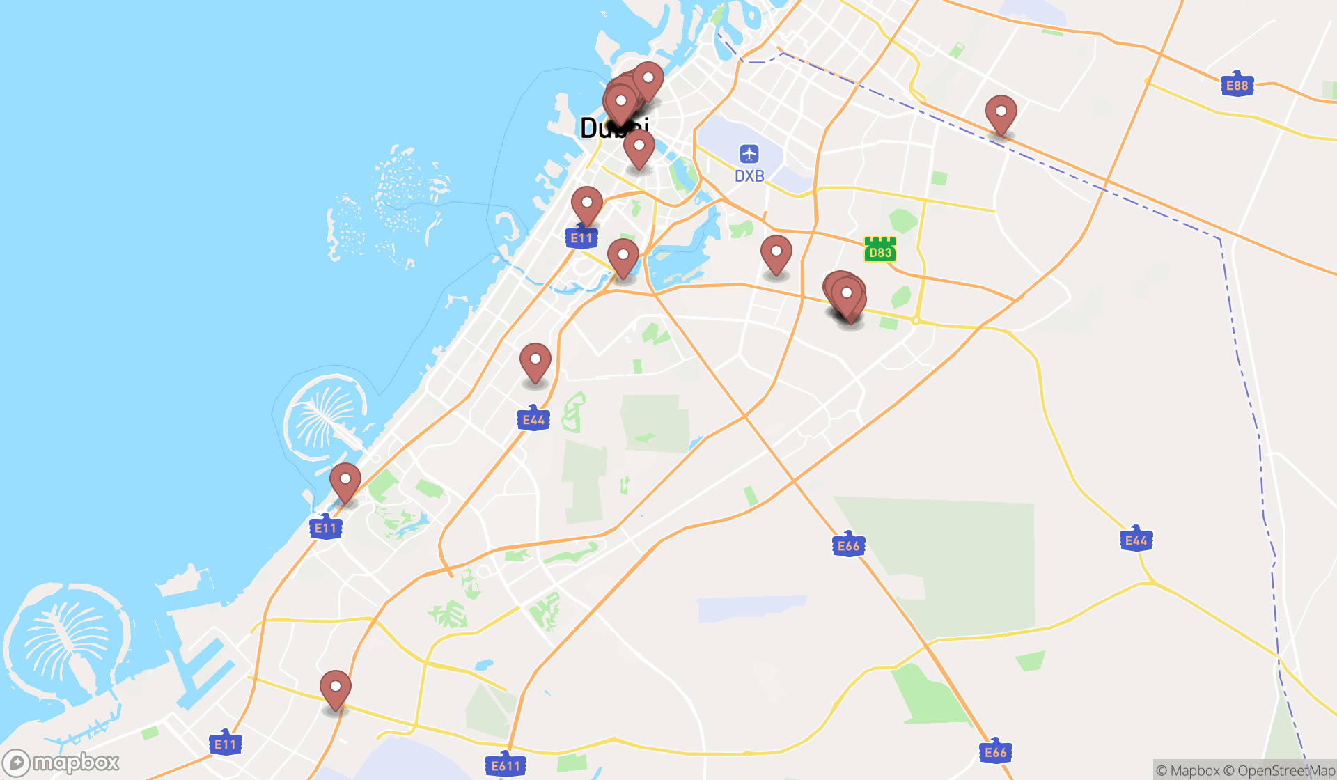 Map showing the search results in Dubai