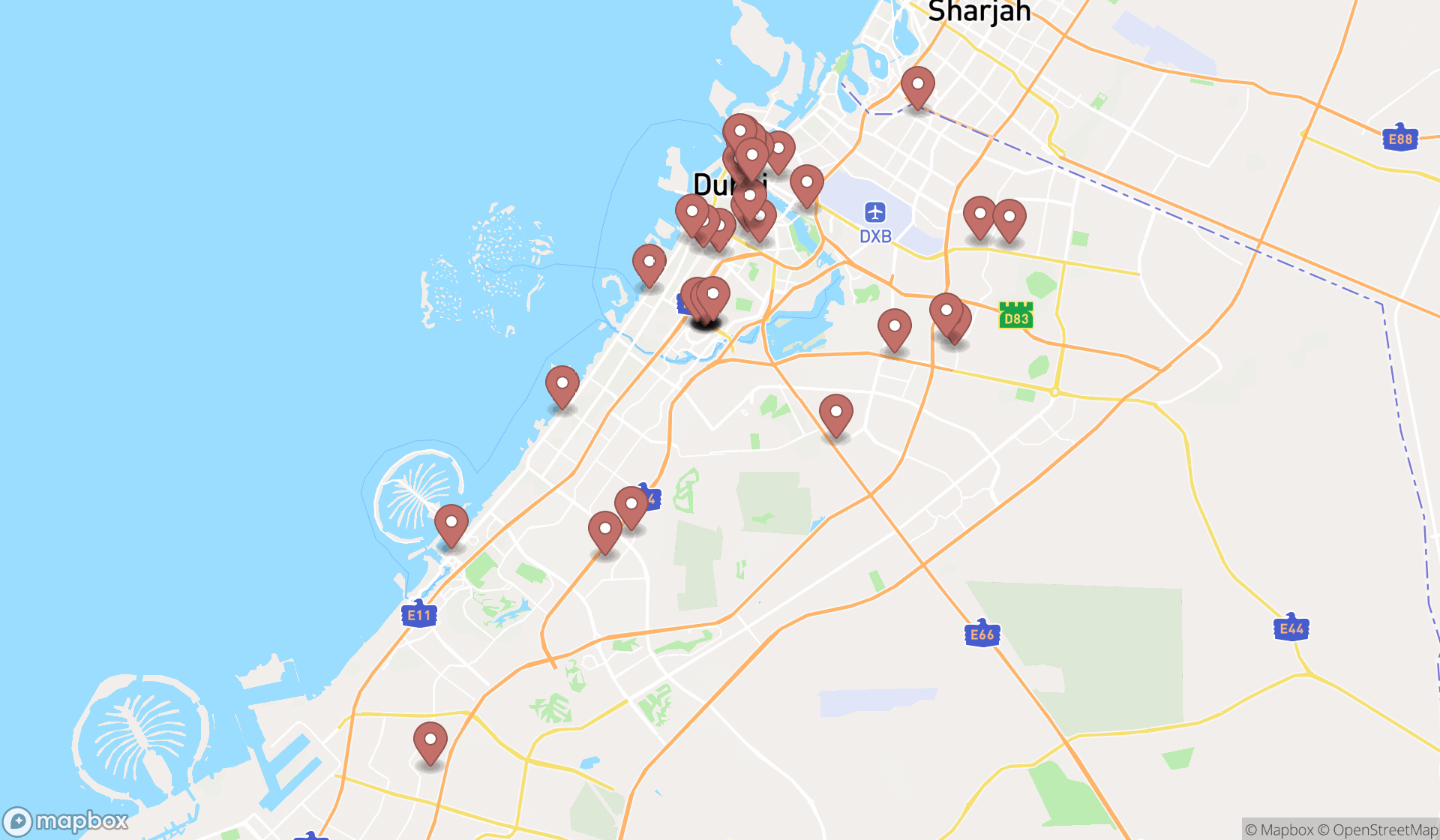 Map showing the search results in Dubai
