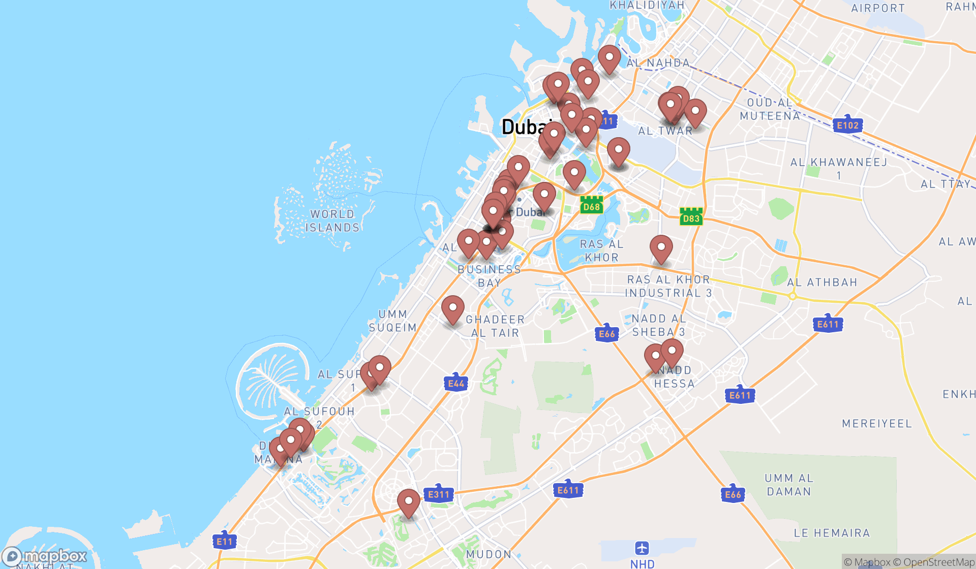 Map showing the search results in Dubai