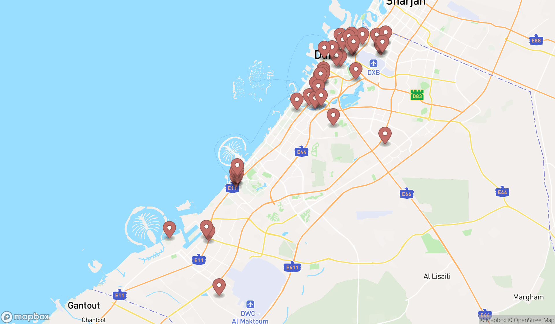 Map showing the search results in Dubai