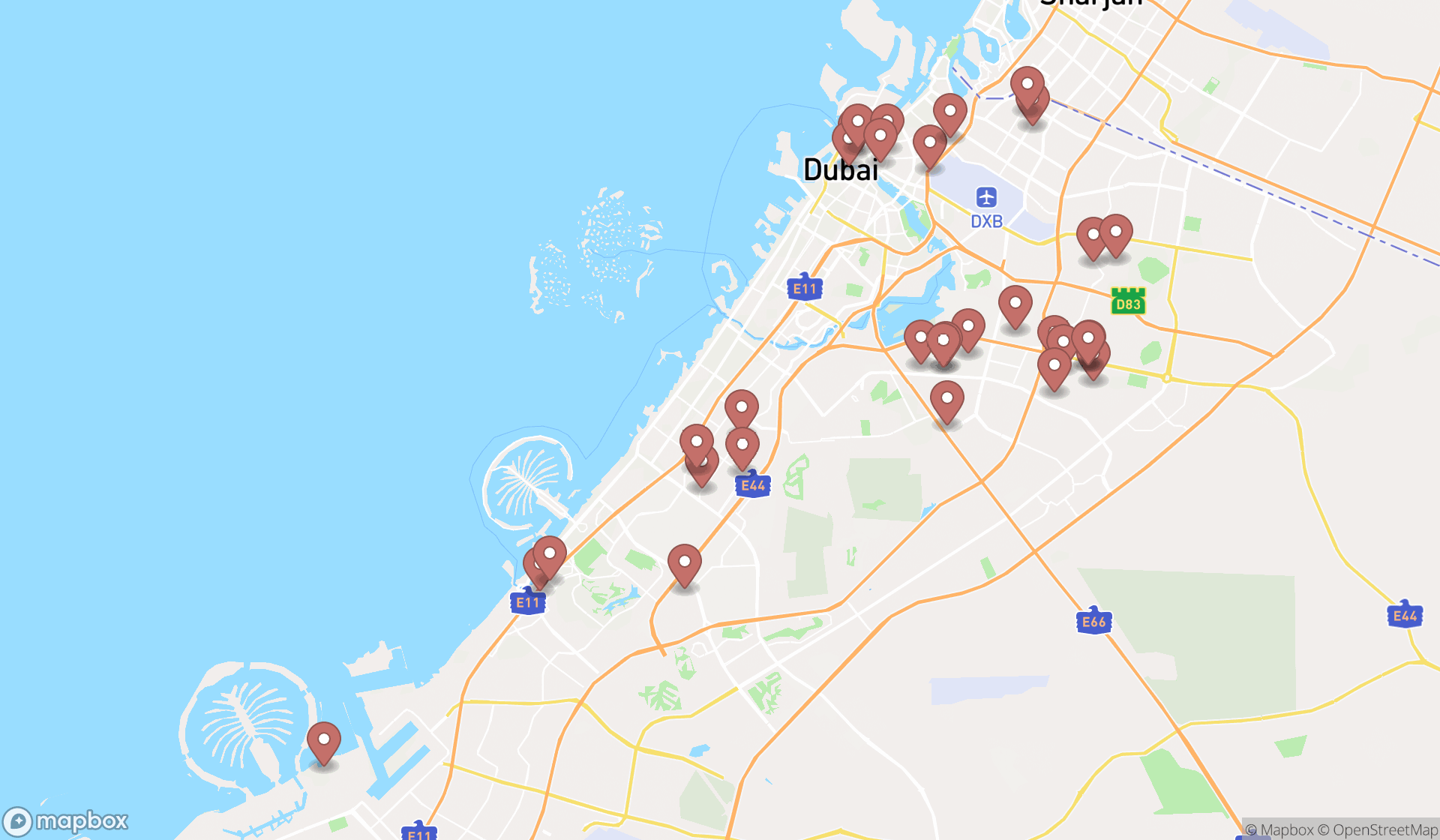 Map showing the search results in Dubai