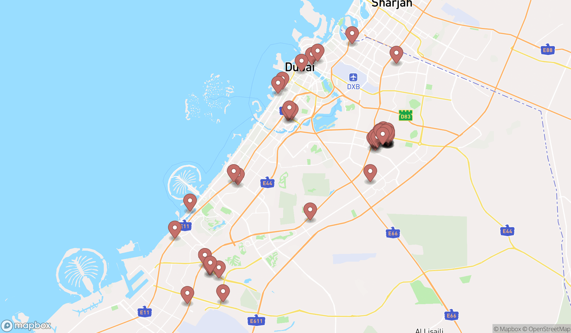 Map showing the search results in Dubai