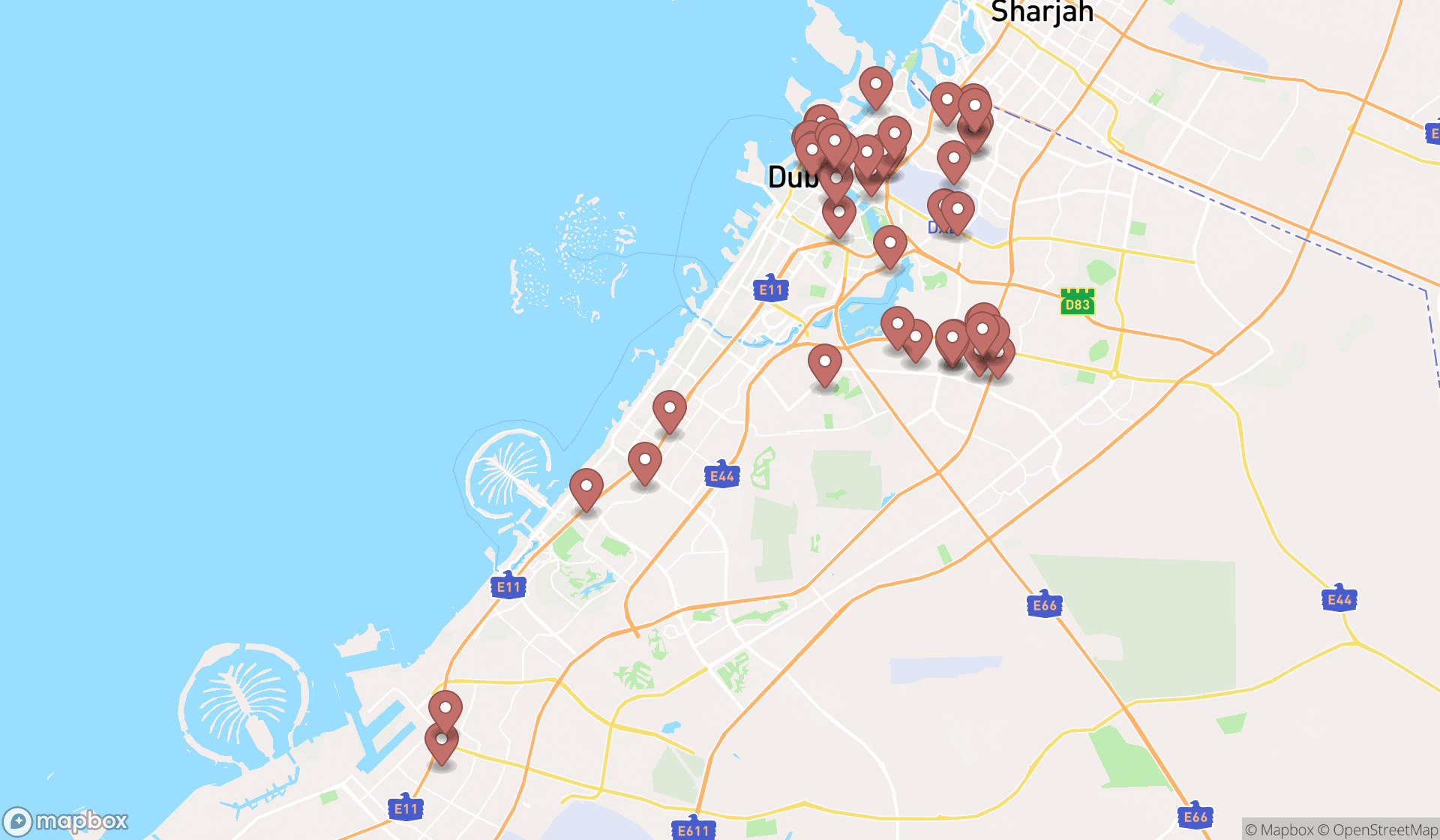 Map showing the search results in Dubai