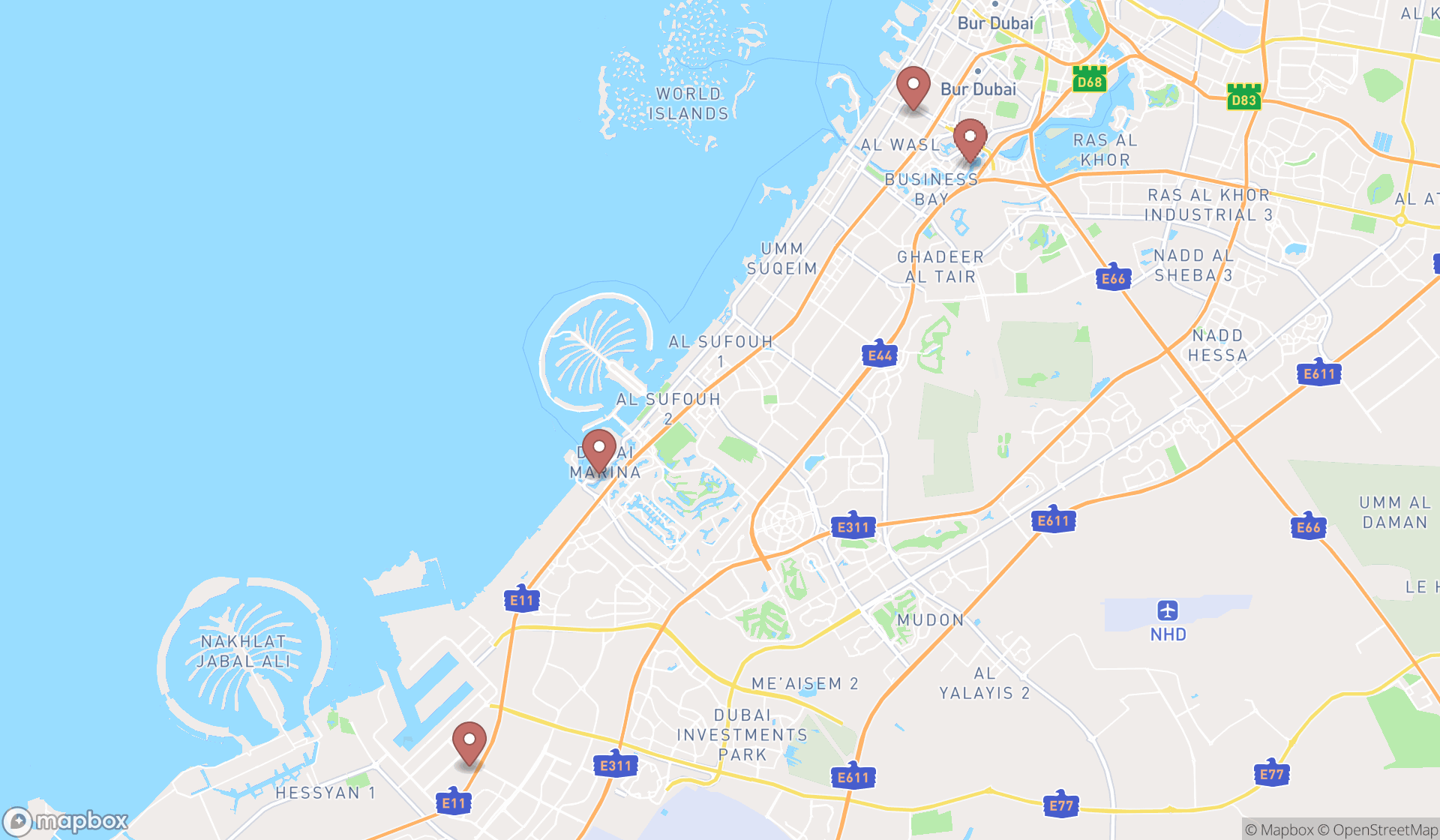 Map showing the search results in Dubai