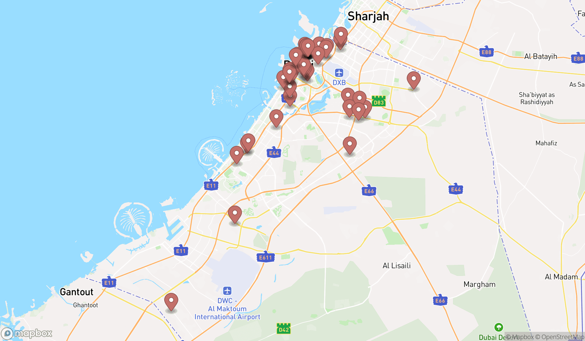 Map showing the search results in Dubai