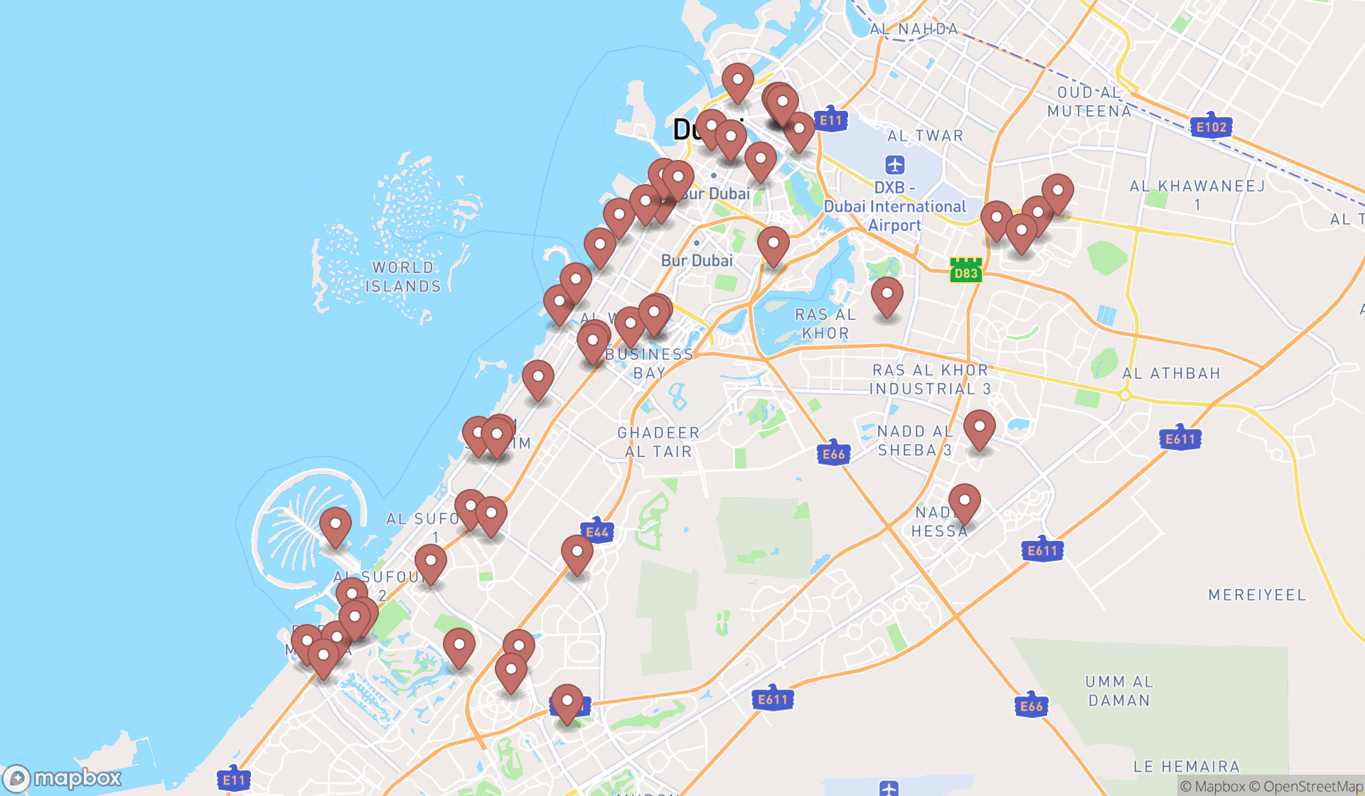 Map showing the search results in Dubai