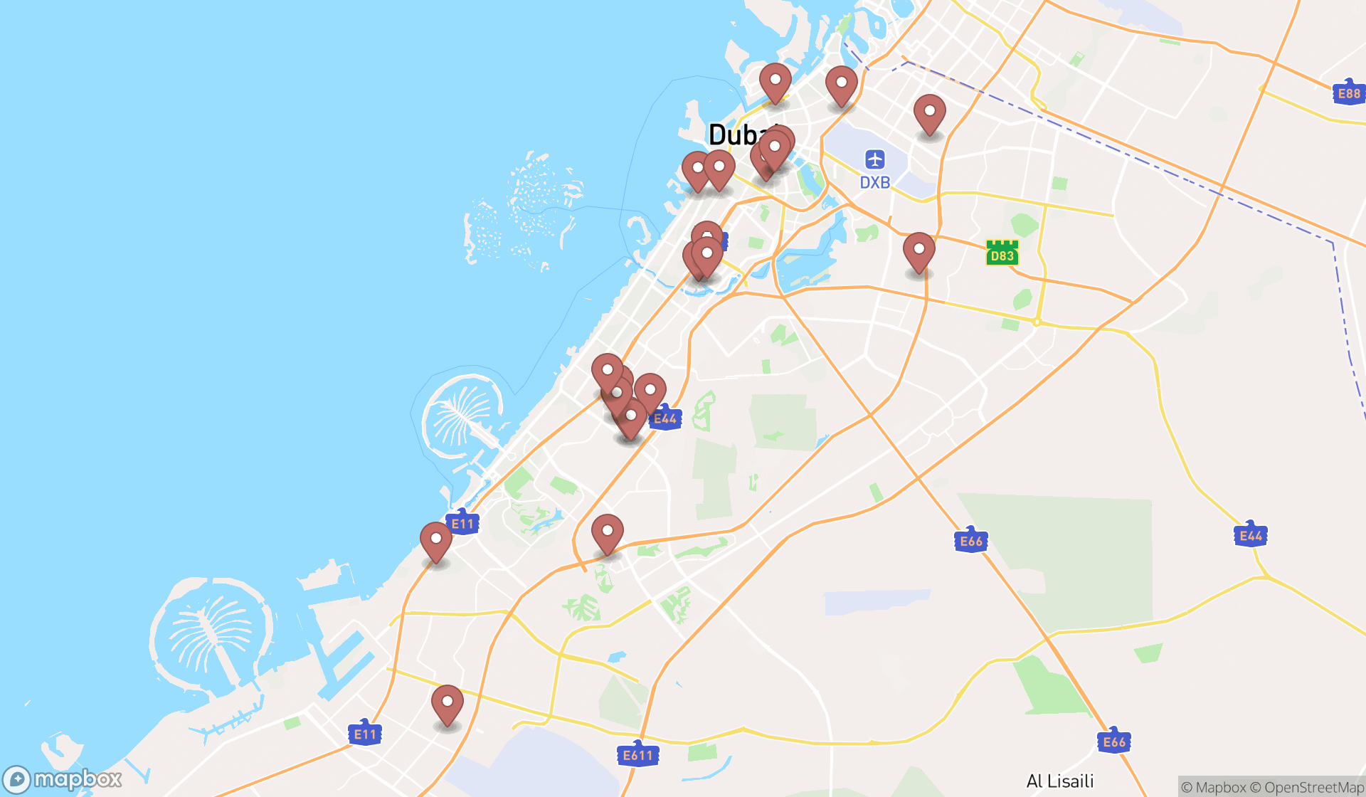 Map showing the search results in Dubai