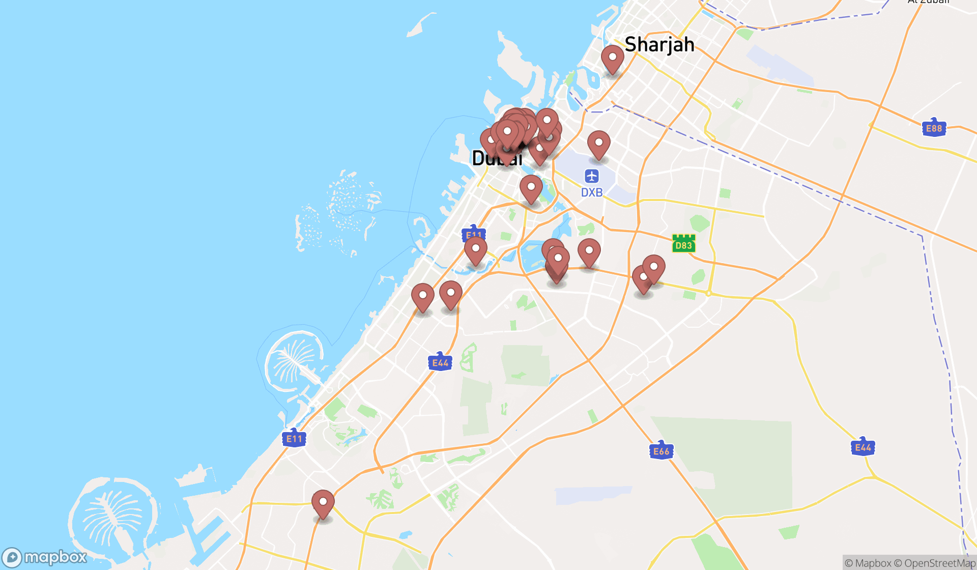 Map showing the search results in Dubai