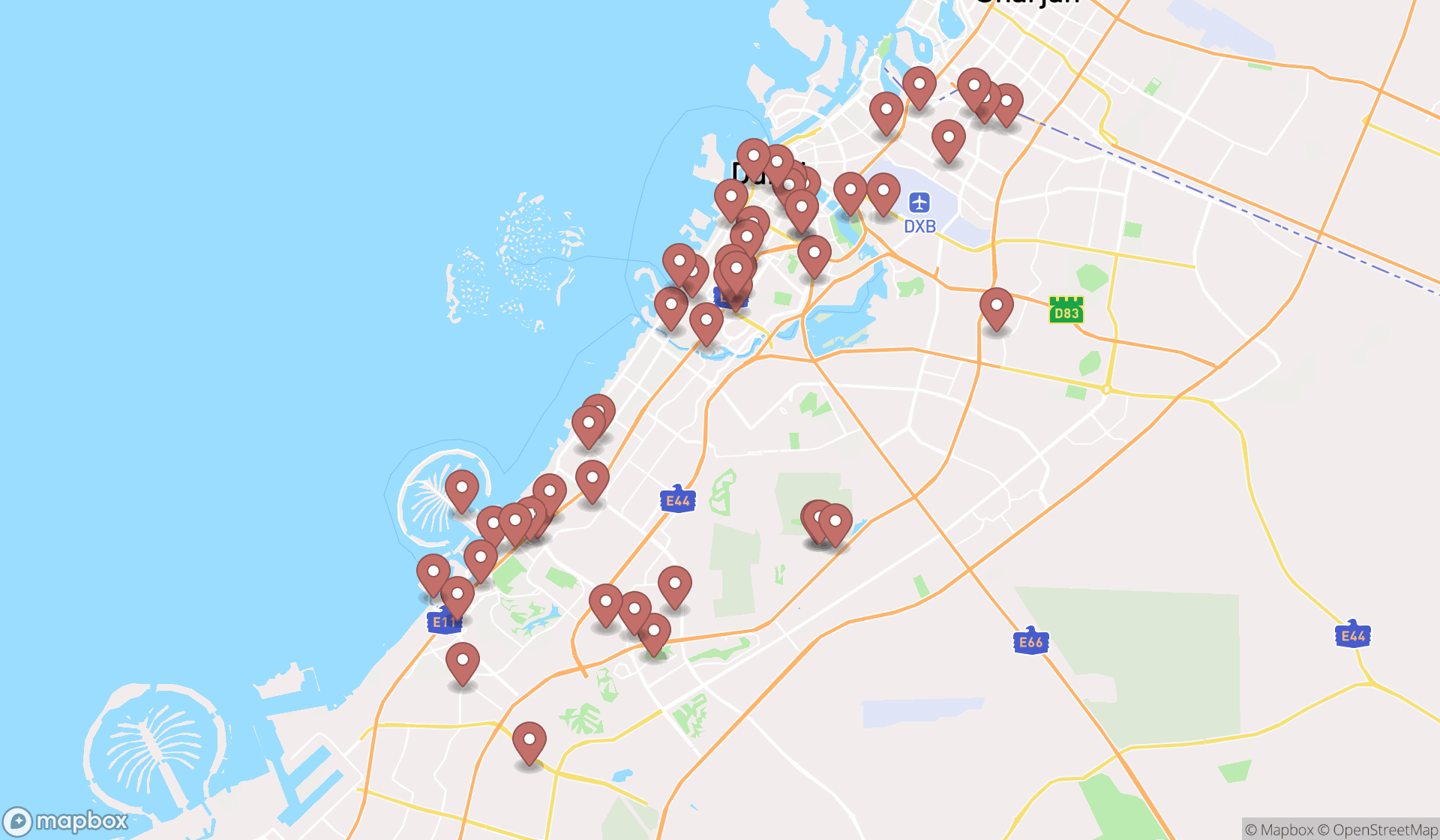 Map showing the search results in Dubai
