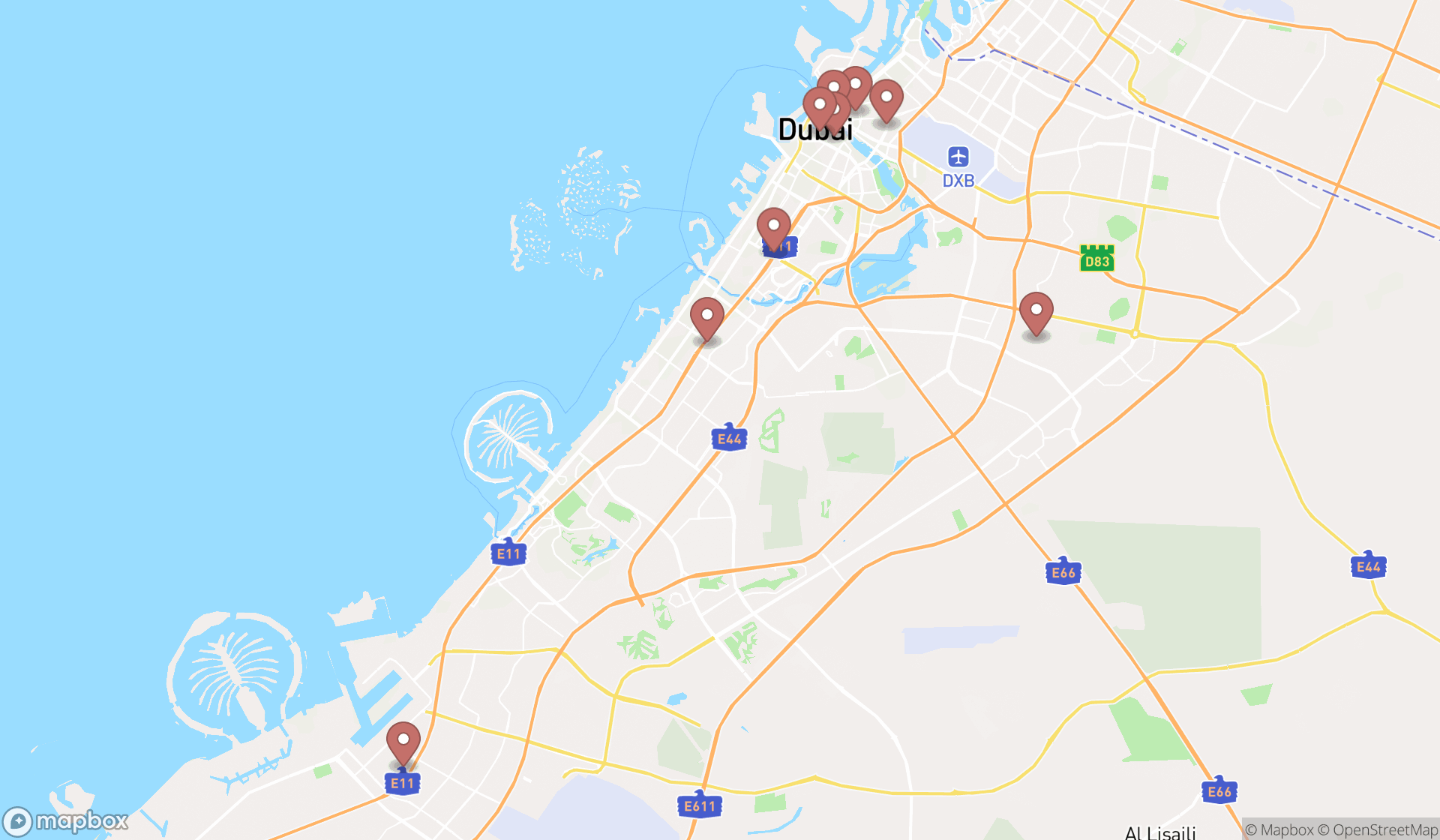 Map showing the search results in Dubai