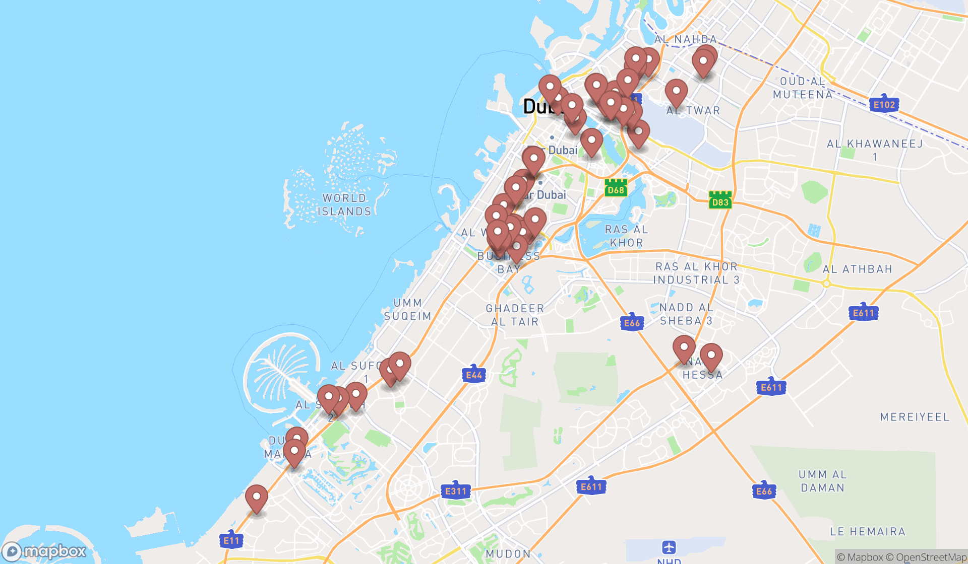 Map showing the search results in Dubai