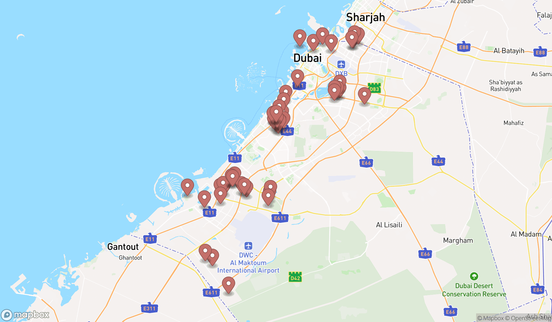 Map showing the search results in Dubai