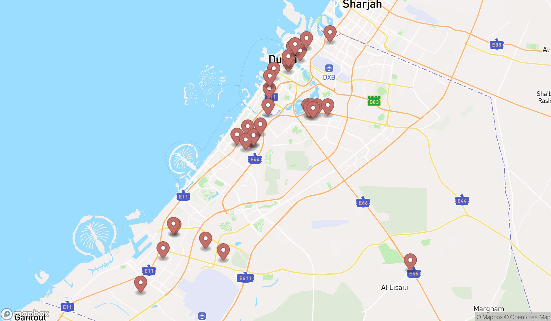 Map showing the search results in Dubai