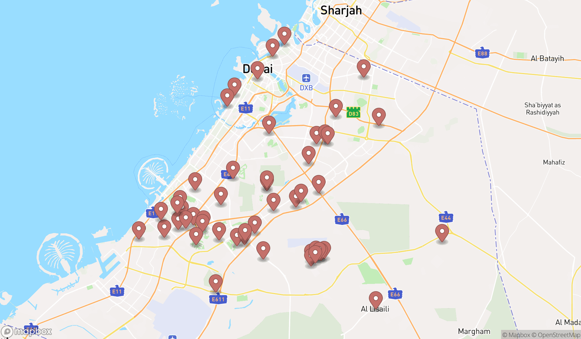 Map showing the search results in Dubai