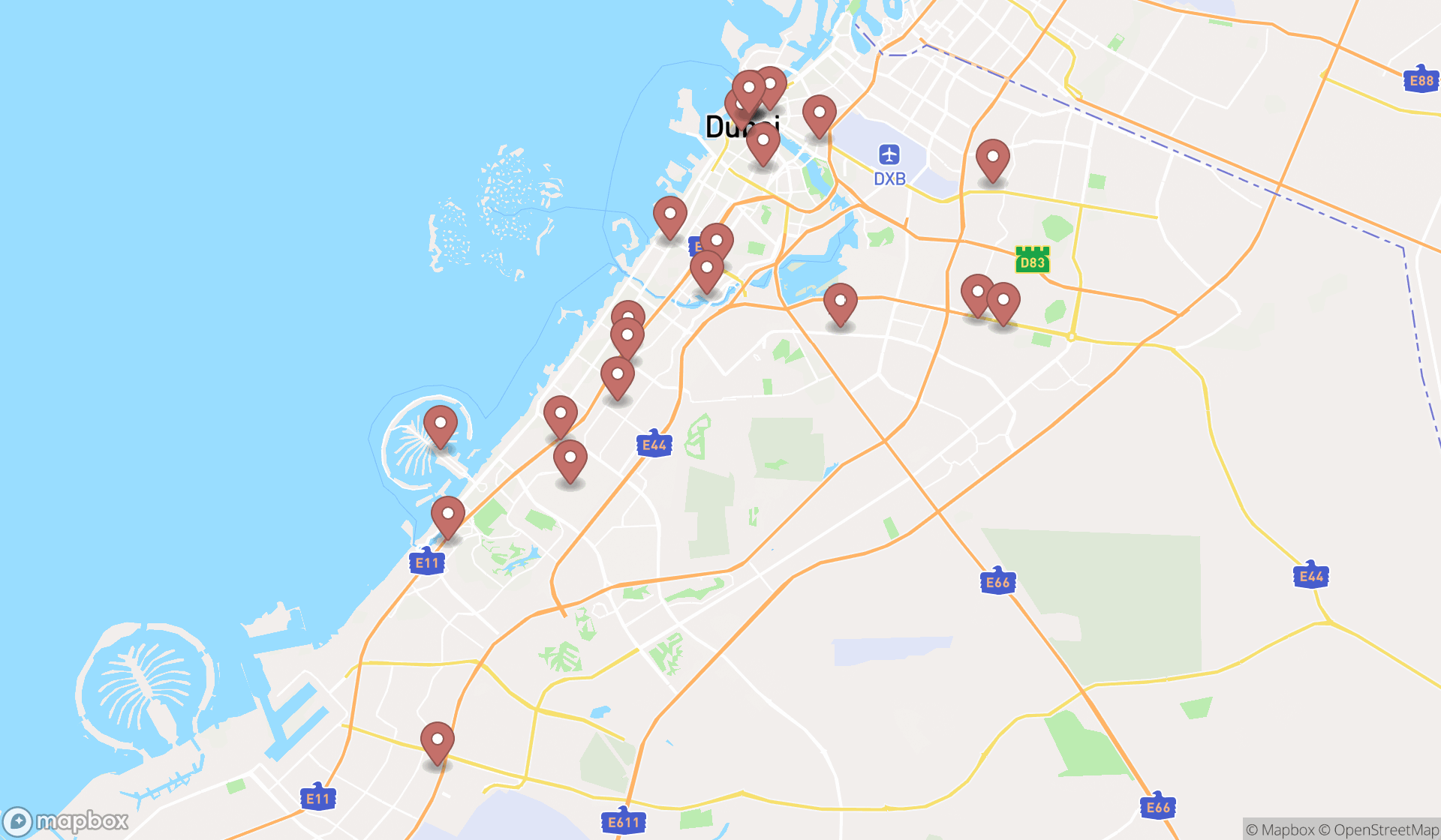 Map showing the search results in Dubai