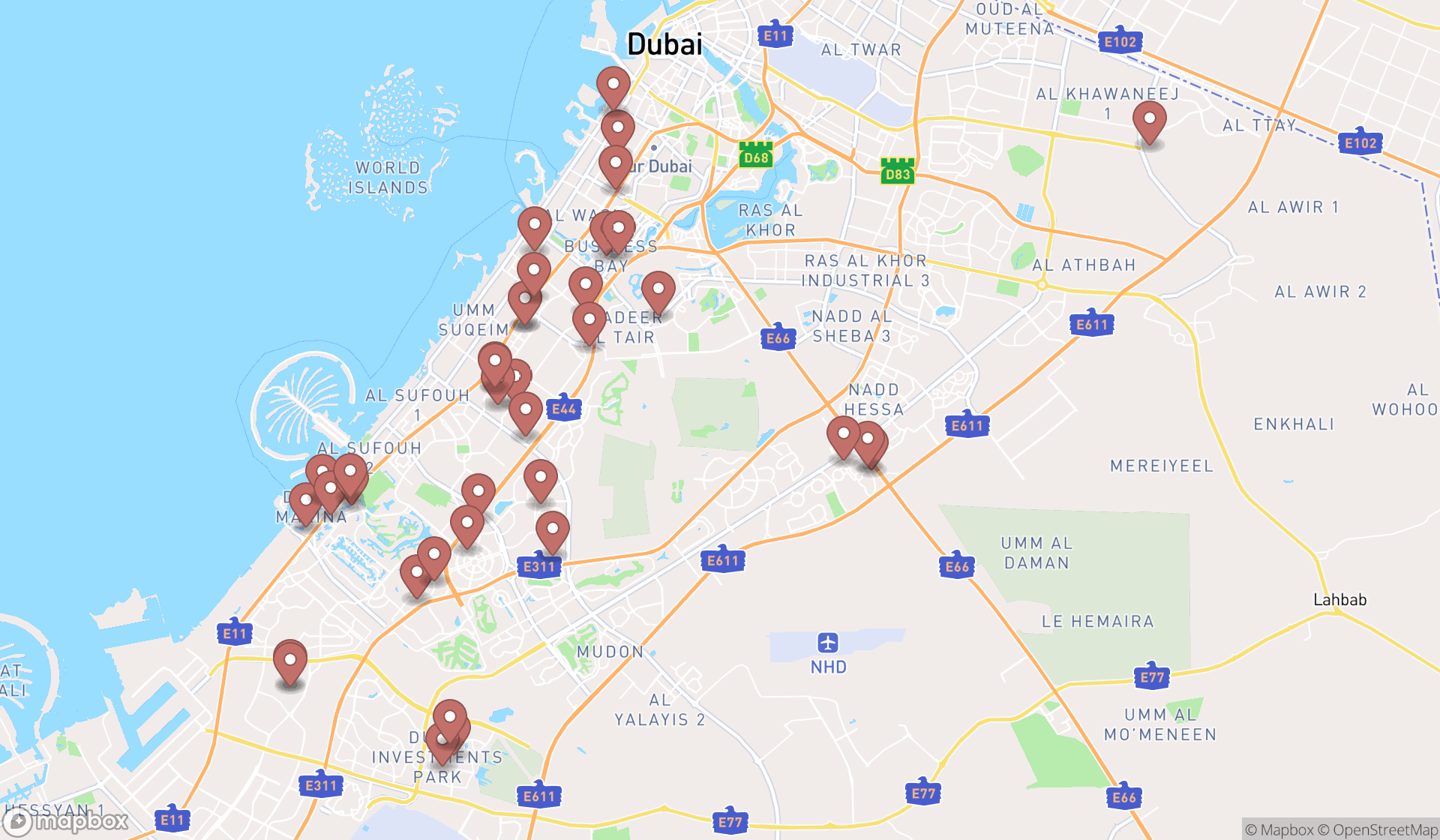 Map showing the search results in Dubai