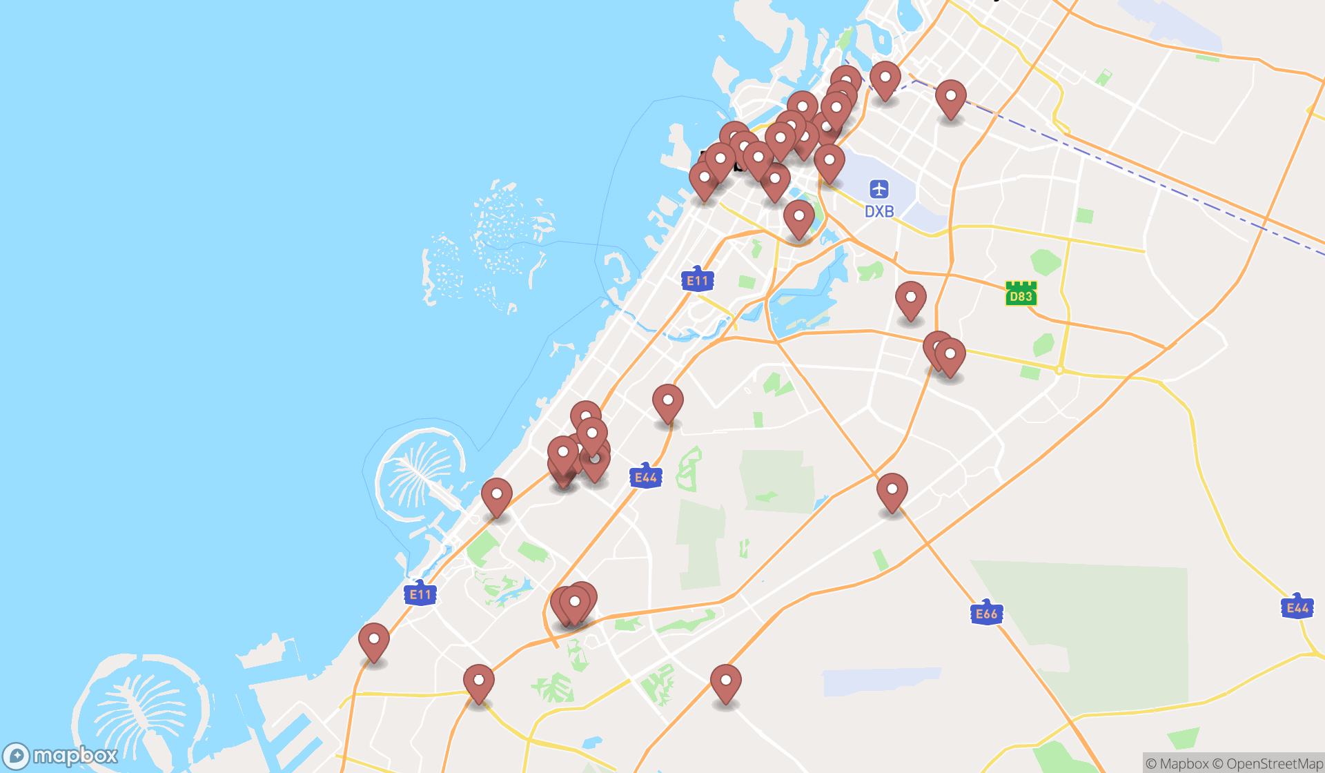 Map showing the search results in Dubai