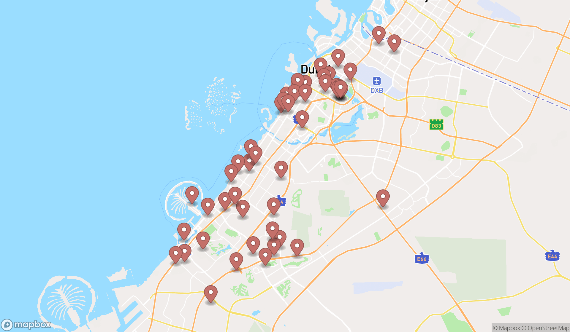 Map showing the search results in Dubai