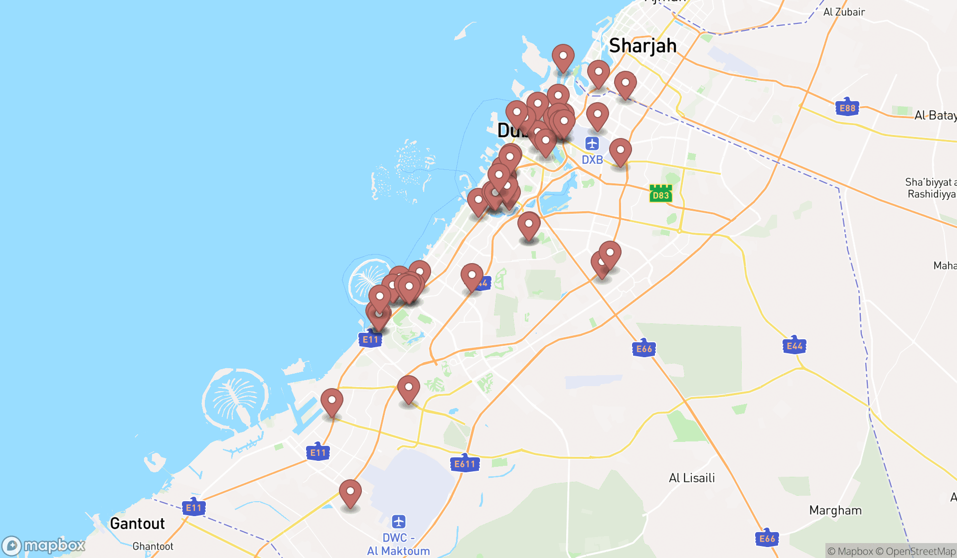 Map showing the search results in Dubai