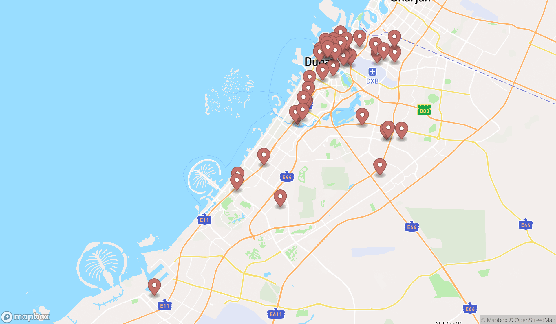 Map showing the search results in Dubai