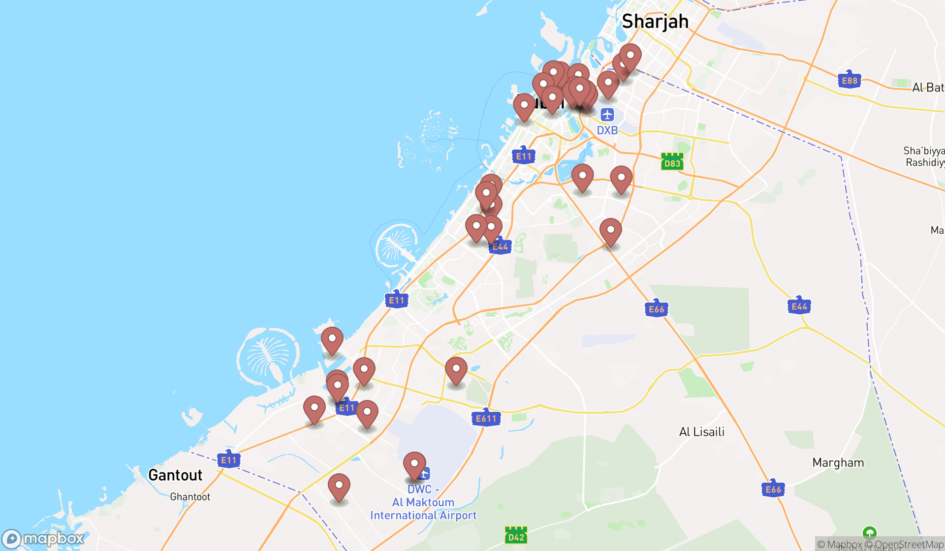 Map showing the search results in Dubai