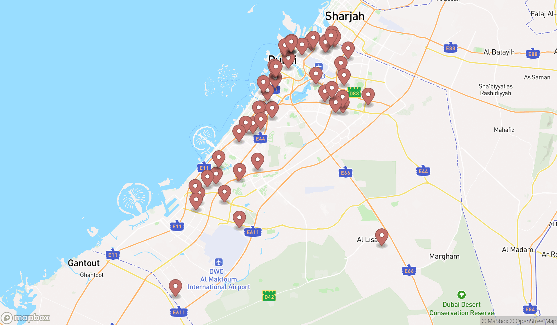 Map showing the search results in Dubai