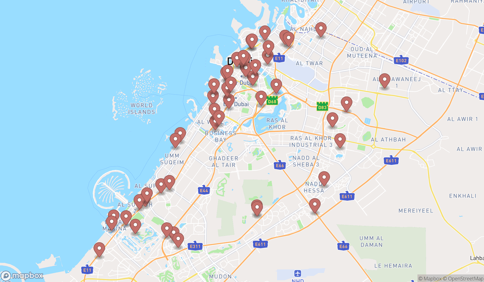Map showing the search results in Dubai