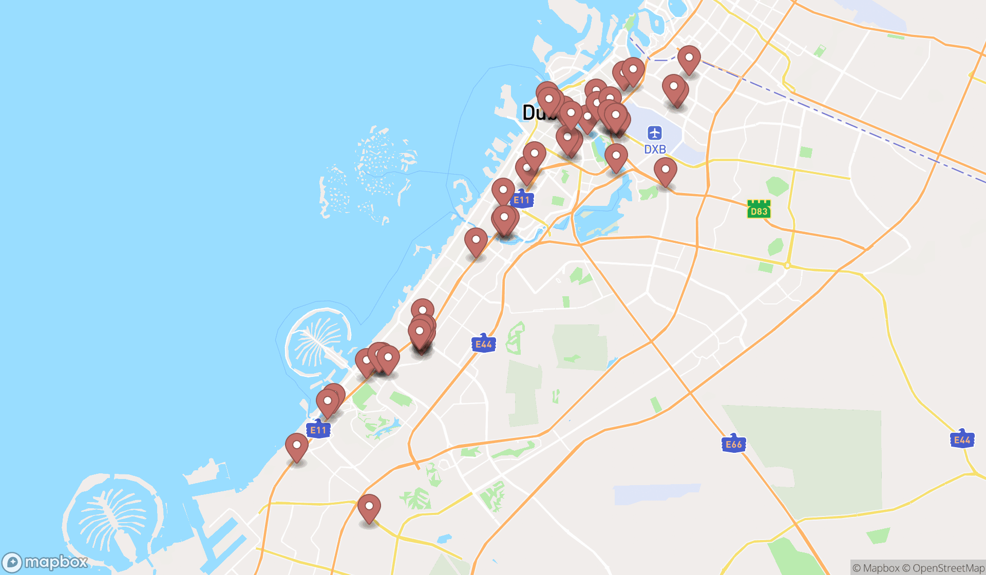 Map showing the search results in Dubai