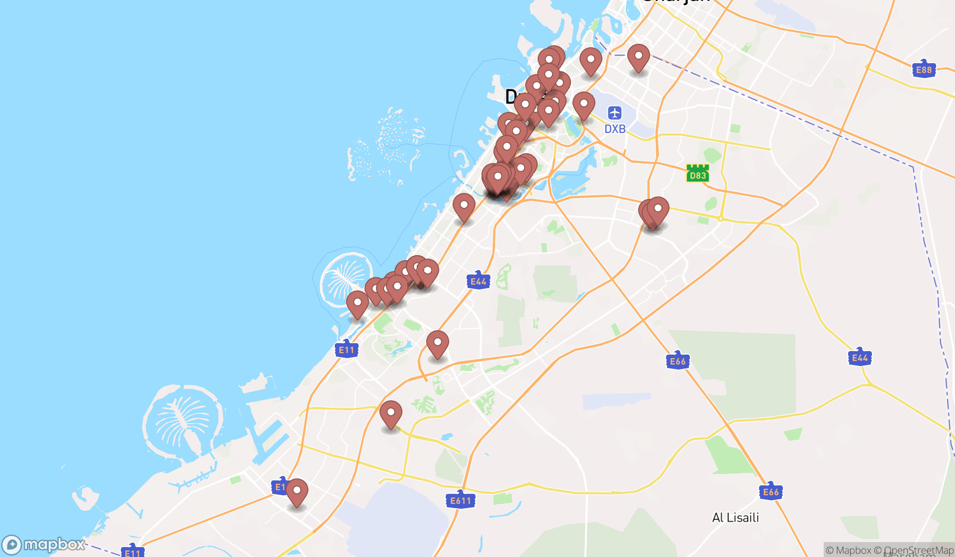 Map showing the search results in Dubai