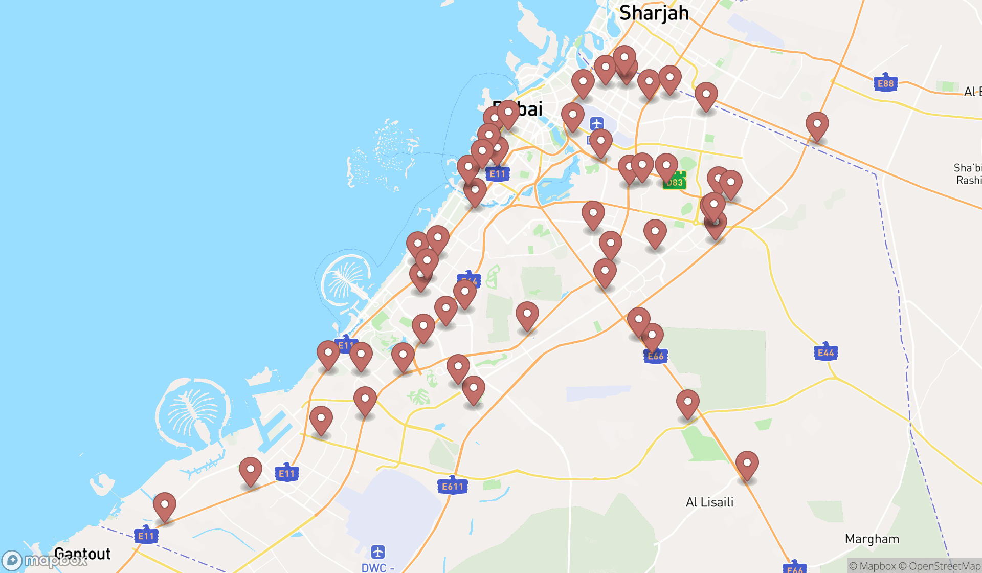 Map showing the search results in Dubai