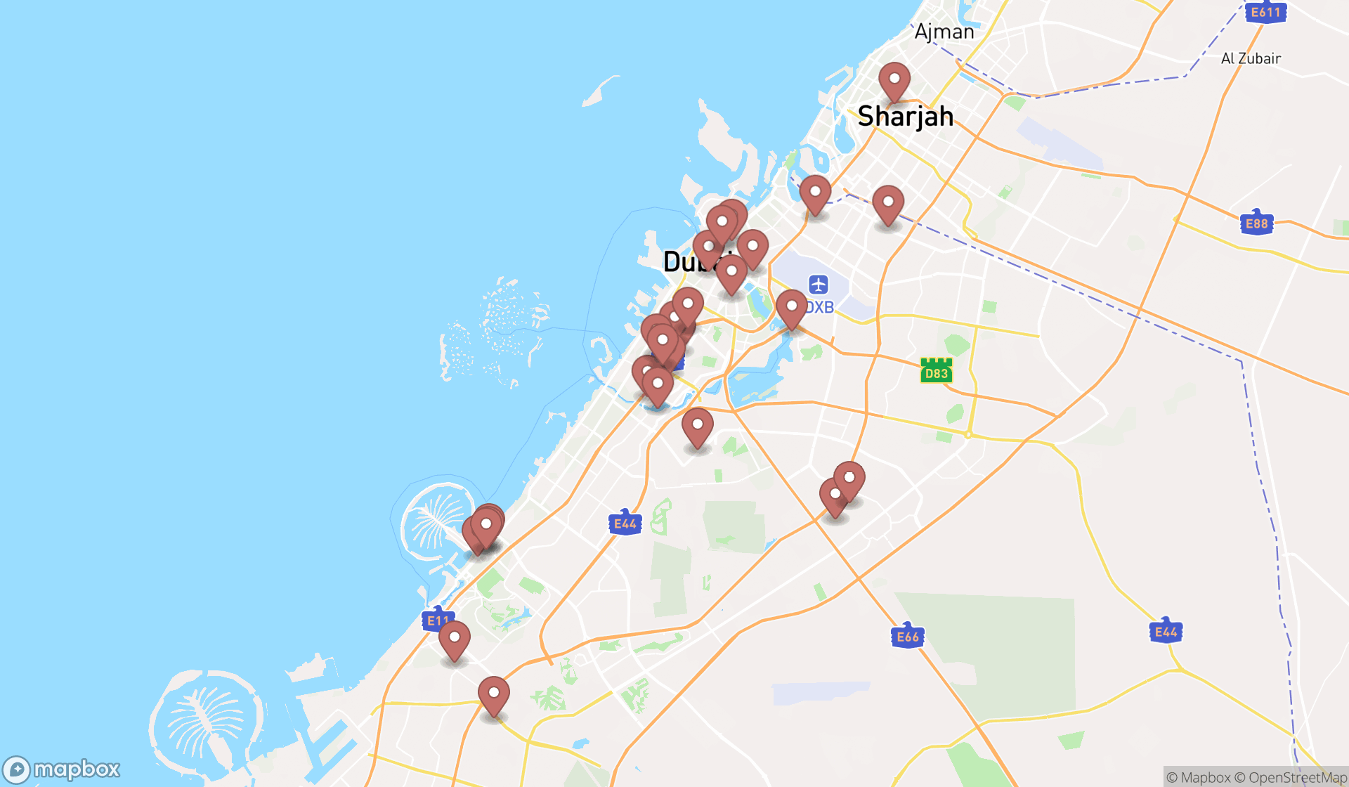 Map showing the search results in Dubai