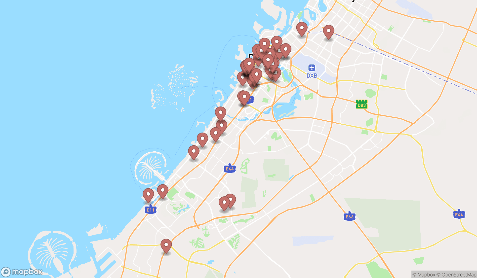 Map showing the search results in Dubai