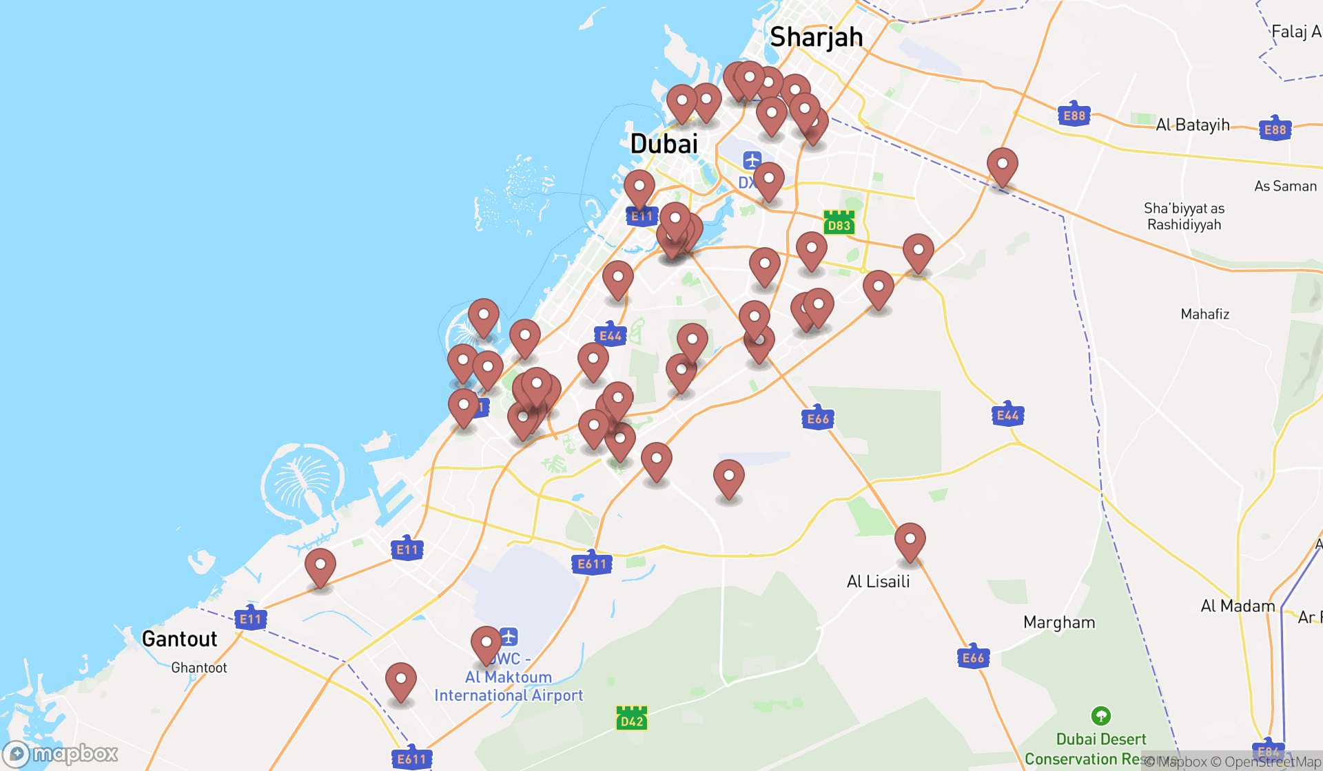 Map showing the search results in Dubai
