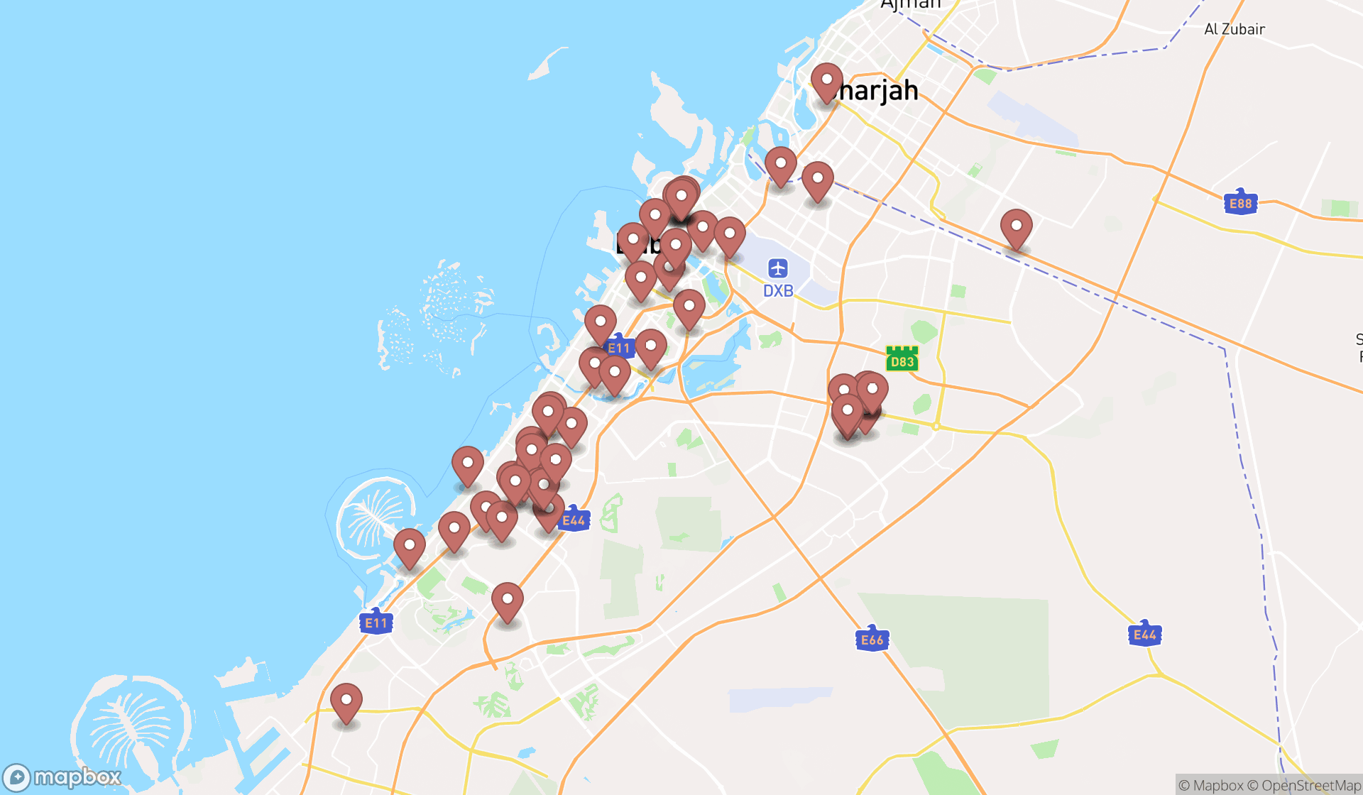 Map showing the search results in Dubai