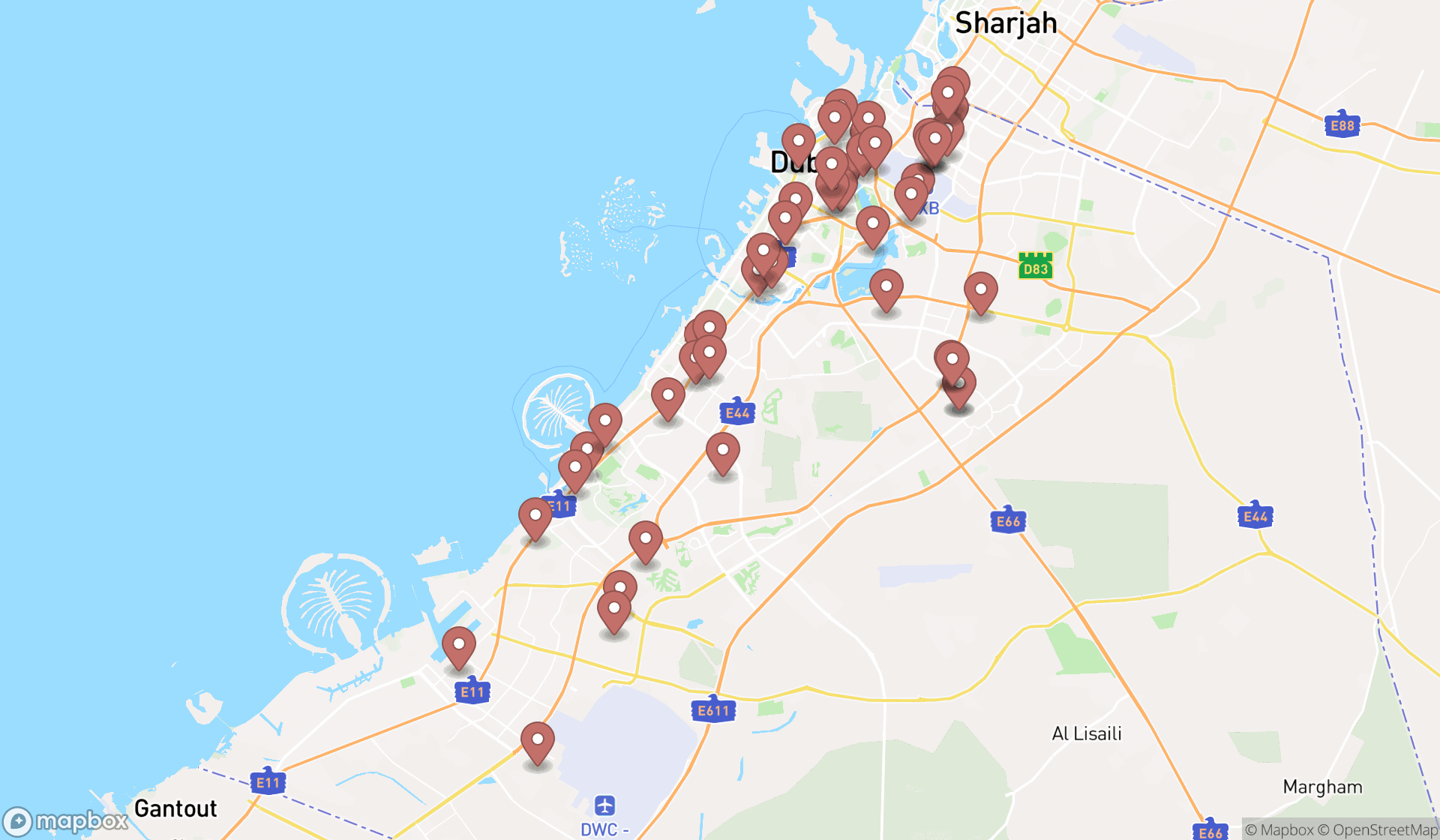 Map showing the search results in Dubai