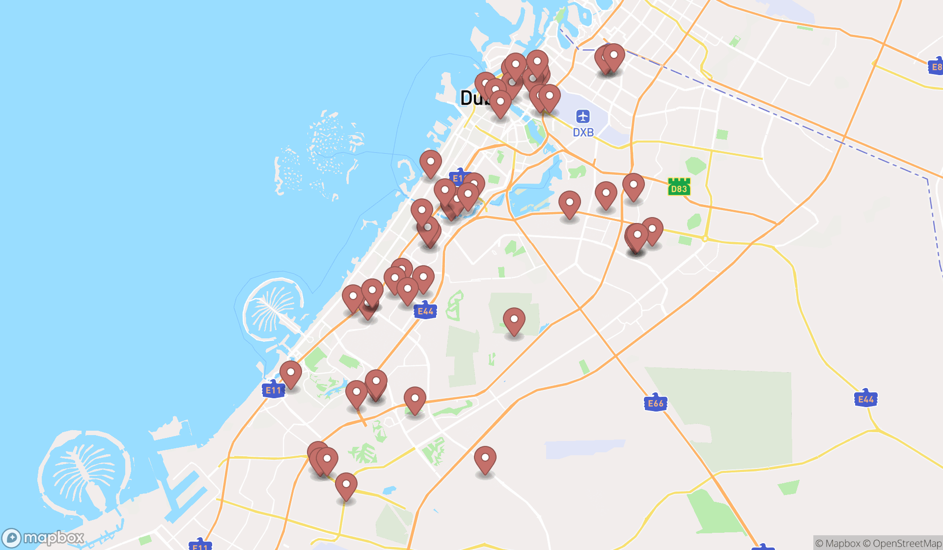 Map showing the search results in Dubai