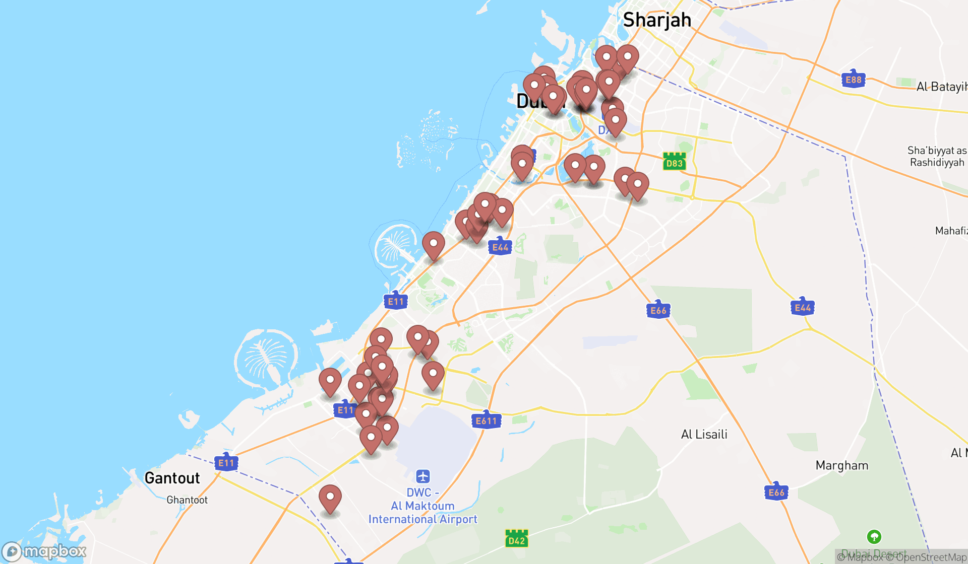 Map showing the search results in Dubai