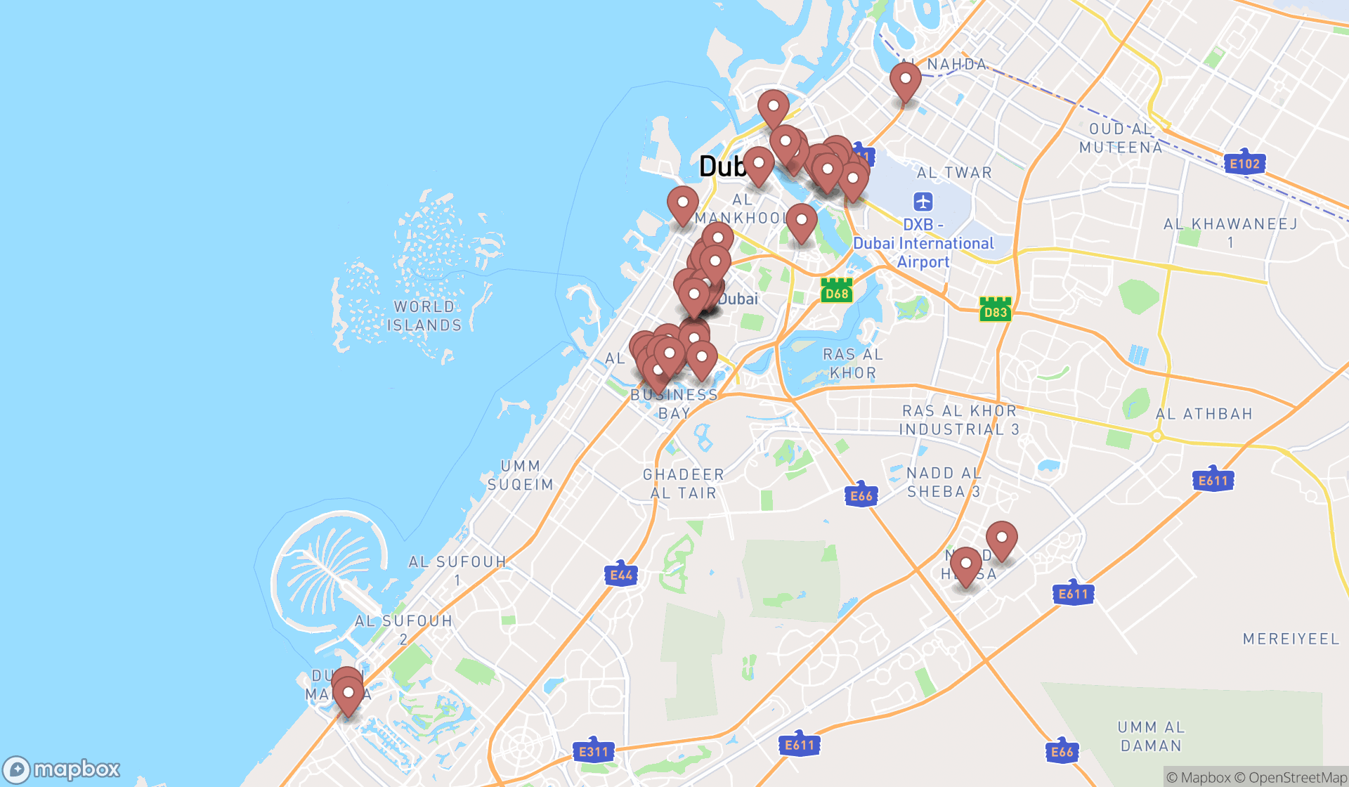 Map showing the search results in Dubai