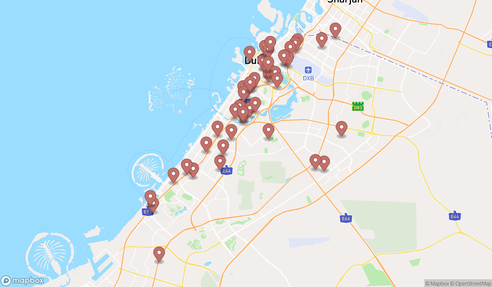Map showing the search results in Dubai