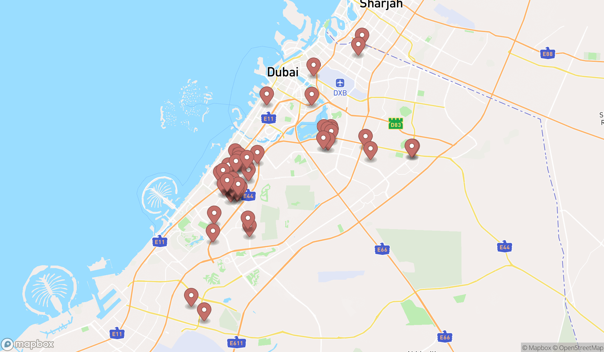 Map showing the search results in Dubai