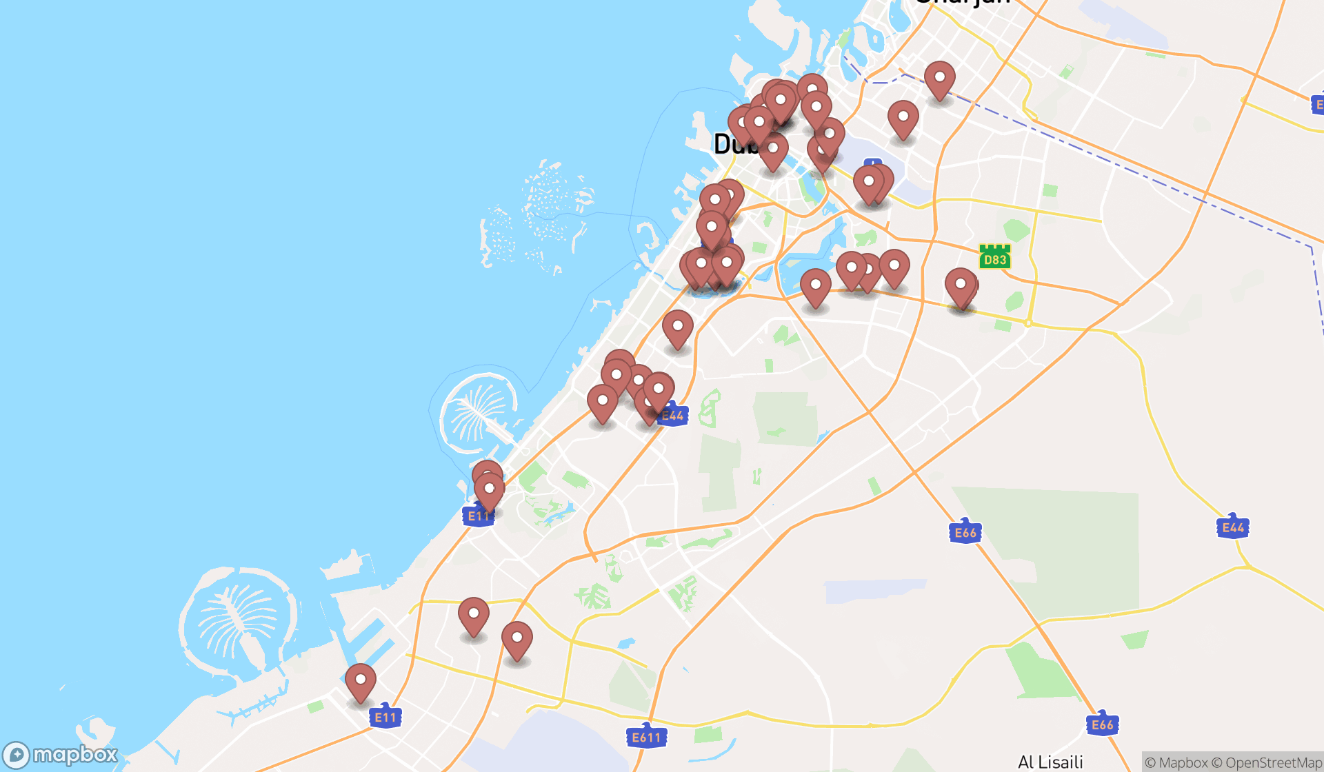 Map showing the search results in Dubai