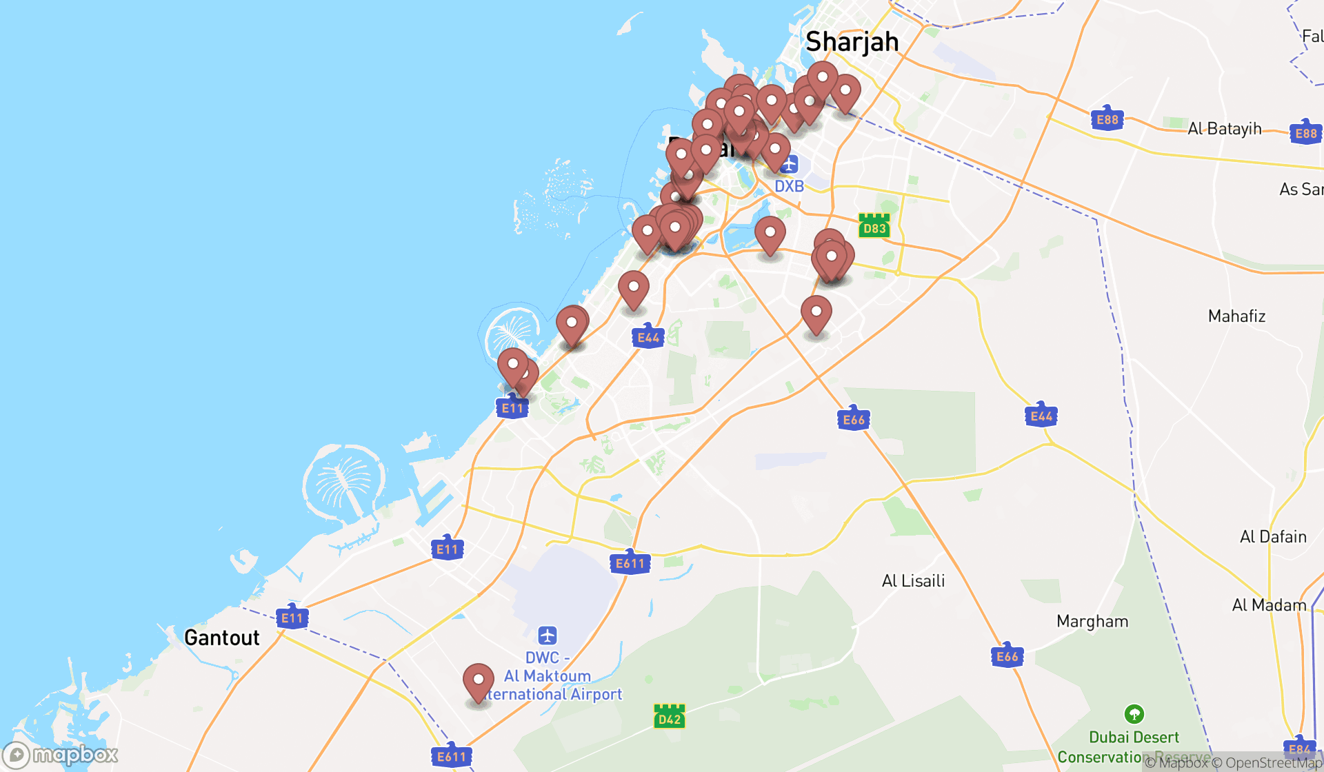 Map showing the search results in Dubai