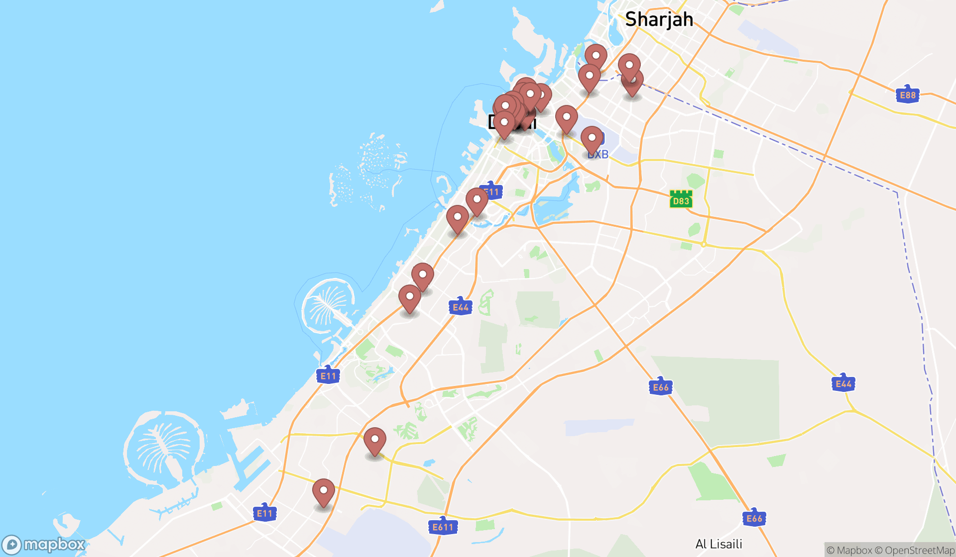 Map showing the search results in Dubai