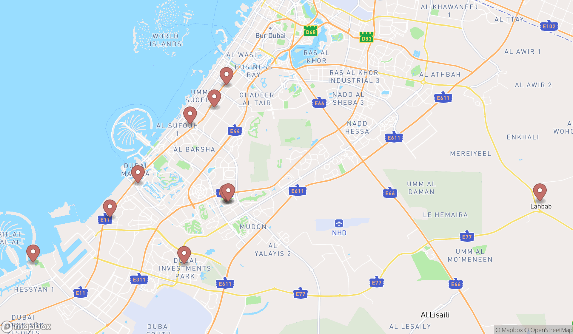 Map showing the search results in Dubai
