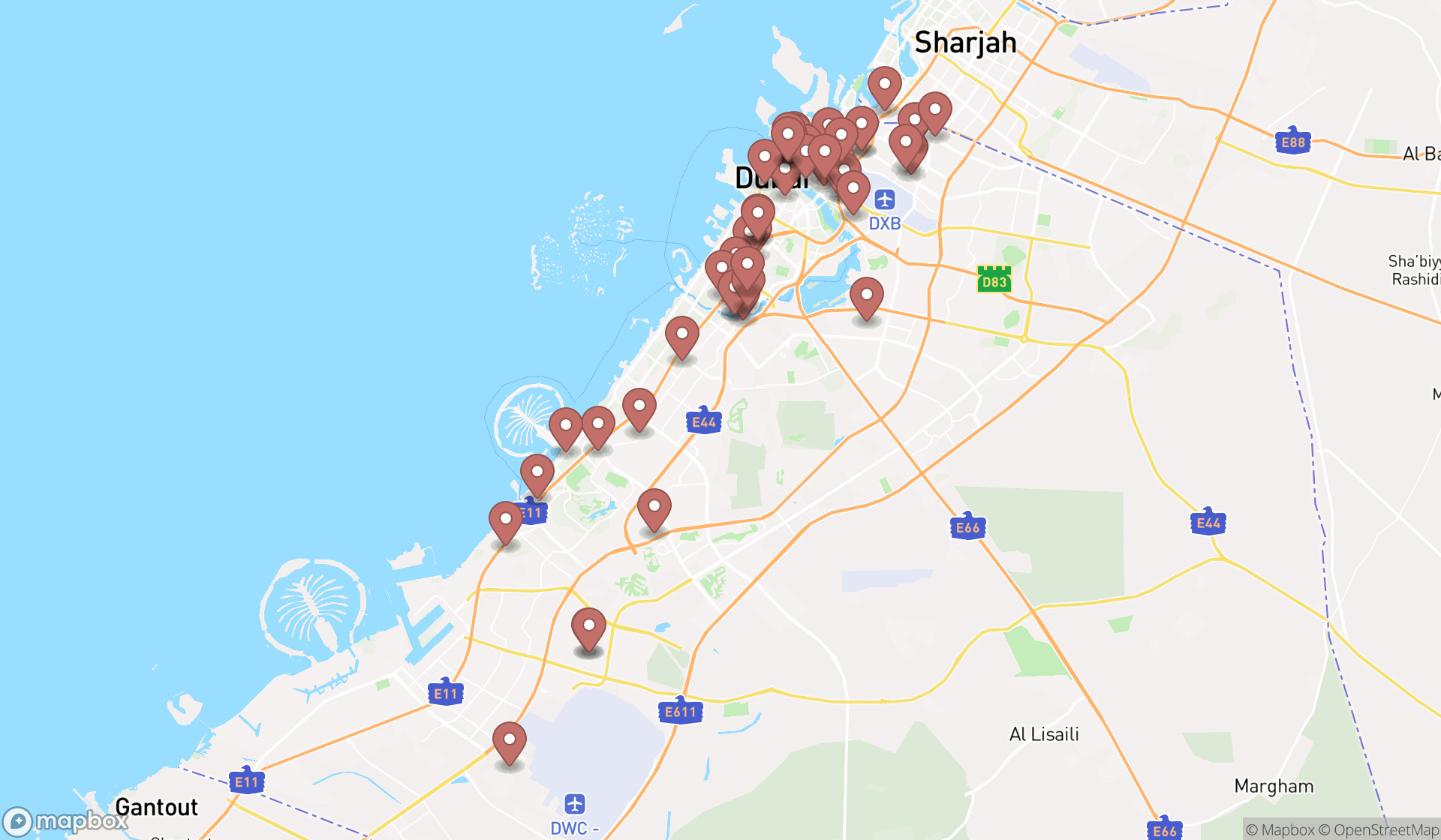 Map showing the search results in Dubai