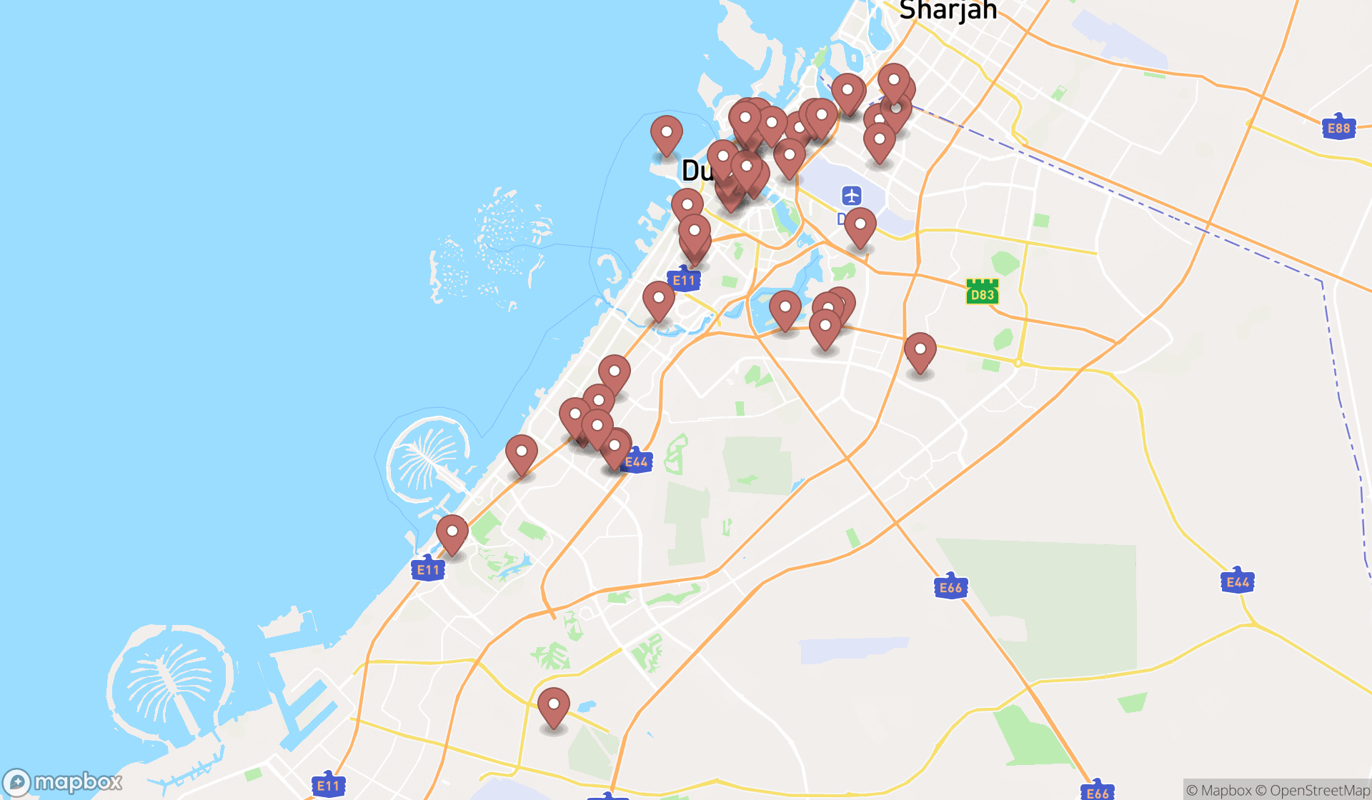 Map showing the search results in Dubai