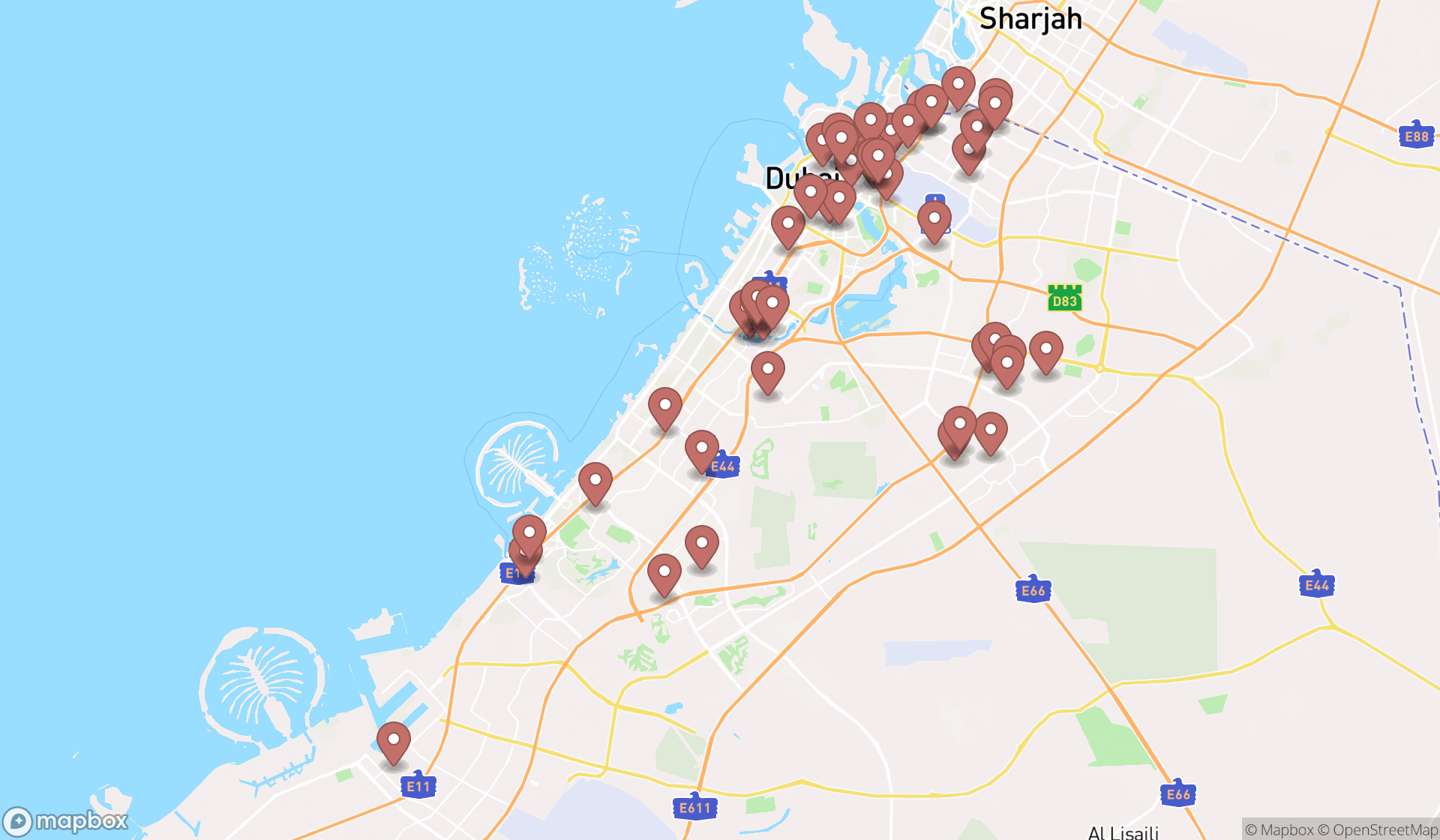 Map showing the search results in Dubai